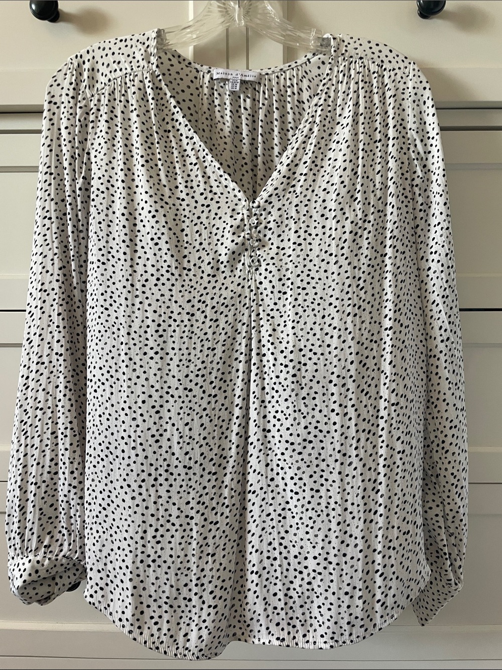 Maison d’Amélie Women’s Black & White Polka Dot Business Casual Blouse - Medium